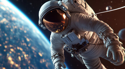 Poster - An astronaut floating in outer space with a planet behind him, AI