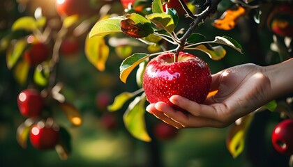 Canvas Print - Hand reaching for a glossy red apple on a tree branch