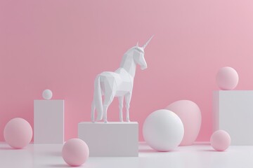 Poster - A minimalist white unicorn sculpture standing on a pedestal surrounded by soft pink and white geometric shapes in a serene modern setting