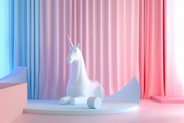 Poster - A minimalist white unicorn sculpture standing on a pedestal surrounded by soft pink and white geometric shapes in a serene modern setting