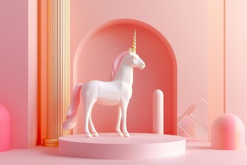 Poster - A minimalist white unicorn sculpture standing on a pedestal surrounded by soft pink and white geometric shapes in a serene modern setting