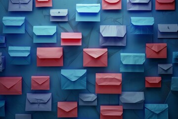 Fototapete - A vibrant collection of colorful envelopes arranged on a blue wall, showcasing various shades and sizes, creating an eye-catching display of correspondence and creativity