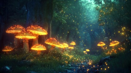 Fantastic world of mushrooms. Glowing mushrooms in the night forest. Night landscape.
