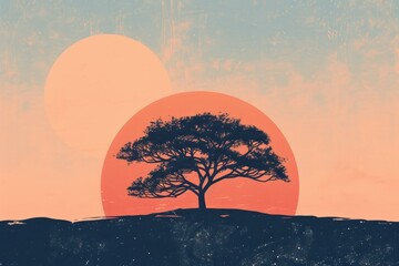Poster - A solitary tree stands on a grassy hill against a pastel sunset sky, capturing the tranquility of nature during evening hours