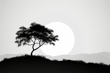 Aufkleber - A solitary tree stands on a grassy hill against a pastel sunset sky, capturing the tranquility of nature during evening hours