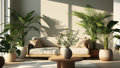 Wall Mural - Tranquil living room ambiance highlighted by plant shadows and an elegant table adorned with vases