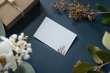 Poster - A cozy cafe setting featuring a latte, a stylish business card, and a decorative plant on a wooden table during a calm afternoon
