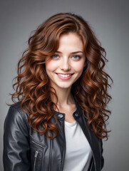 Young red-haired woman wearing a black leather jacket