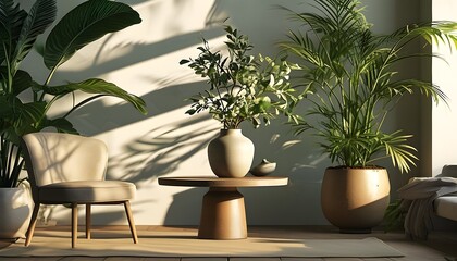 Wall Mural - Tranquil living room ambiance highlighted by plant shadows and an elegant table adorned with vases