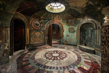 Aufkleber - A beautifully designed mosaic room featuring intricate patterns, colorful tiles, and a skylight that allows natural light to illuminate the space in a historic building