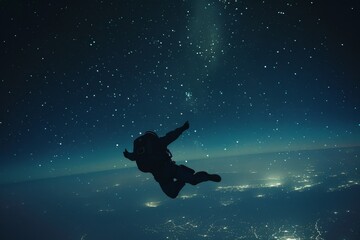Poster - An astronaut gazing up at a brilliant night sky filled with stars and galaxies while floating in space, showcasing the beauty of the universe and exploration