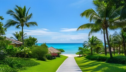 Wall Mural - Scenic pathway winding to seaside resort amidst tropical waters and clear blue skies