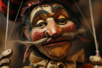 Intricately crafted wooden marionette with a detailed face and mustache, showcasing traditional artistry in a studio filled with puppet-making tools