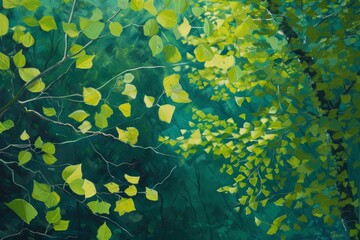 Poster - Lush green leaves illuminating the forest floor during mid-morning sunlight in a tranquil natural setting