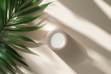 Wall Mural - A Cream Jar with a Palm Leaf and Shadow on a Beige Surface