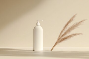 Wall Mural - White Pump Bottle and Dried Pampas Grass on Beige Background