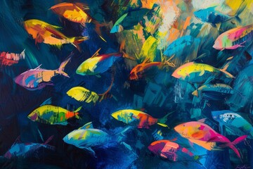 Poster - Colorful school of fish swimming vibrantly in deep blue waters, showcasing a dynamic underwater ecosystem in a lively marine environment