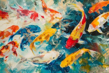Poster - Colorful school of fish swimming vibrantly in deep blue waters, showcasing a dynamic underwater ecosystem in a lively marine environment