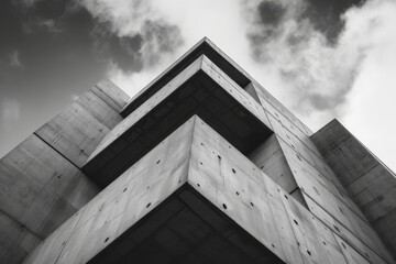 Fototapete - A close-up view of a modern concrete building highlighting angular architectural elements against a dramatic cloudy sky