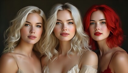 Sticker - Stunning trio of attractive women showcasing blonde, platinum, and red hair with confident expressions