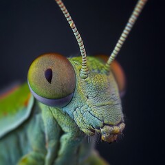 Macro photo of a praying mantis head, showing its intricate eyes and antennae