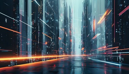 Wall Mural - Futuristic cityscape alive with dynamic lines and glowing lights in an intense abstract composition