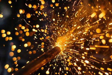 Poster - Bright sparks fly as metal is welded in a workshop creating an energetic display of light and motion during the late afternoon