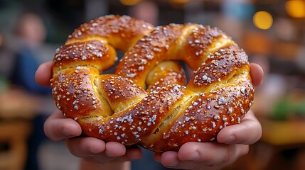 A person holds a freshly baked pretzel topped with coarse salt.