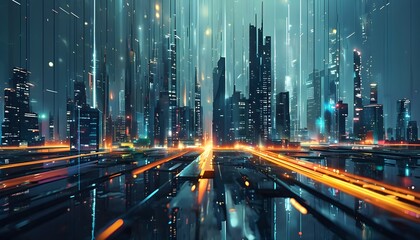 Wall Mural - Futuristic cityscape alive with dynamic lines and glowing lights in an intense abstract composition