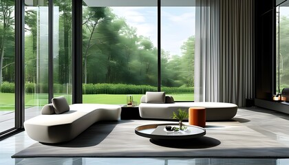 Wall Mural - Contemporary living room design showcasing stylish furniture and expansive windows with views of lush greenery