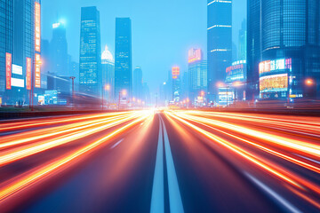 City skyline at dusk with busy highways and vibrant lights in a bustling metropolis