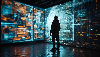 Wall Mural - Man immersed in a futuristic dimly lit room, exploring intricate holographic projections of advanced technology