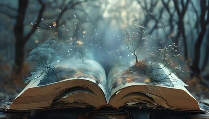 Ethereal fantasy world blooming from an open book, inviting exploration of imagination and untold stories