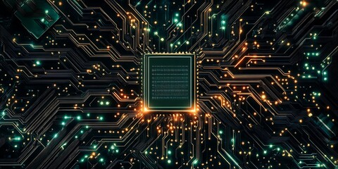 Canvas Print - Abstract Circuit Board with Glowing Lines and CPU