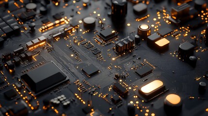 Sticker - Closeup of glowing circuit board with microchips and electronic components, abstract tech background