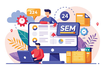 Poster - Designers collaborate on digital marketing strategies using modern tools to create engaging illustrations, 24/7 customizable semi-flat illustration service.