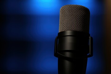 Professional microphone with blue spotlight background for podcast or music recording