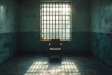 Empty teal room with barred window and chair, sunlight casting shadows