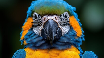 Close up of parrot face, blue and yellow macaw with beautiful feathers on head looking at camera against blurred background in wildlife,