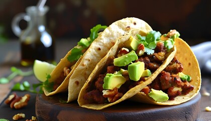 Wall Mural - Rustic earthy vegan tacos with spiced walnut meat and creamy avocado, a visually appealing and satisfying dish