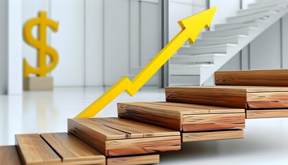 Ascending wooden stairs leading towards investment symbols, isolated on a white background in a dynamic perspective view