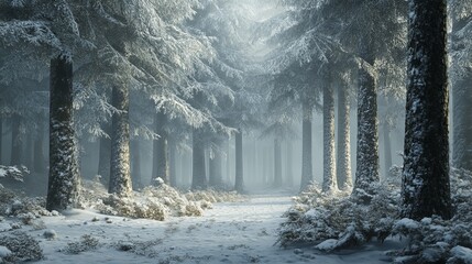 Poster - A wintery forest scene with snow-laden trees standing tall.