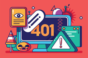 Fototapete - An illustration depicts a computer screen showing a 401 error along with various alert symbols and graphics, 401 error unauthorized illustration