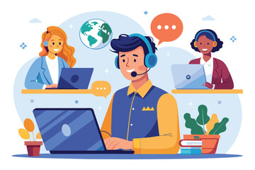 Poster - Global reps assisting clients from various locations in a virtual setting, 24/7 global customer service hotline operator consults with customers using laptop and headset.