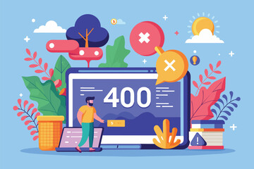 Poster - A vibrant digital interface displays a 400 error message with illustrative elements like trees and speech bubbles, 404 error page not found on internet network, flat illustration.