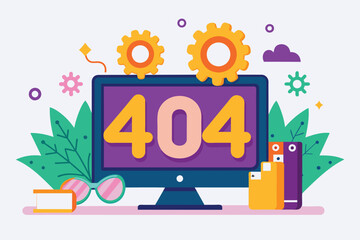 Poster - A computer screen displays a 404 error message, surrounded by gears, colorful icons, and lush greenery, 404 error, simple illustration