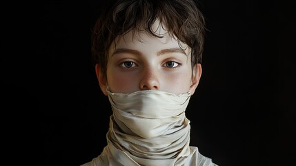 Wall Mural - Intense Portrait of a Young Boy with a Covered Mouth