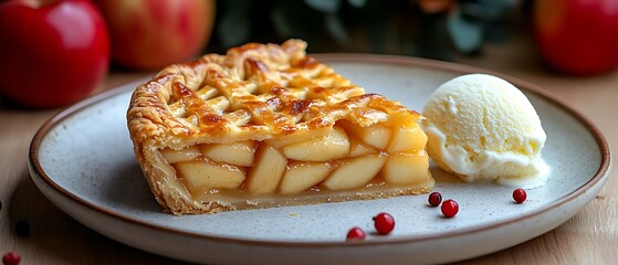 A slice of apple pie served with a scoop of vanilla ice cream.