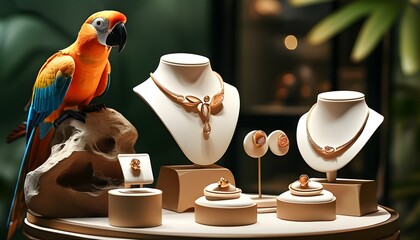 Wall Mural - Exquisite Parrot-Themed Jewelry Installation Showcasing Luxury and Uniqueness for Boutique Promotion