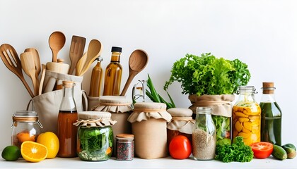 Wall Mural - Sustainable kitchen showcase with glass jars, bottles, and cloth bags for organic ingredients against a pristine white backdrop